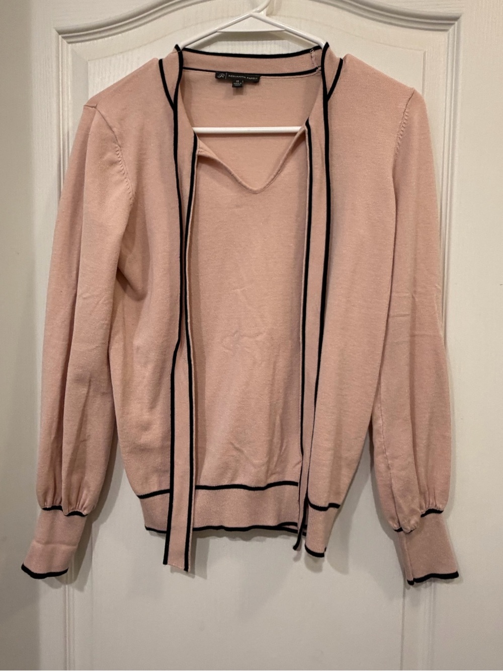 Adrianna Papell Pink Contrast-Trim Tie-Neck Sweater Cardigan